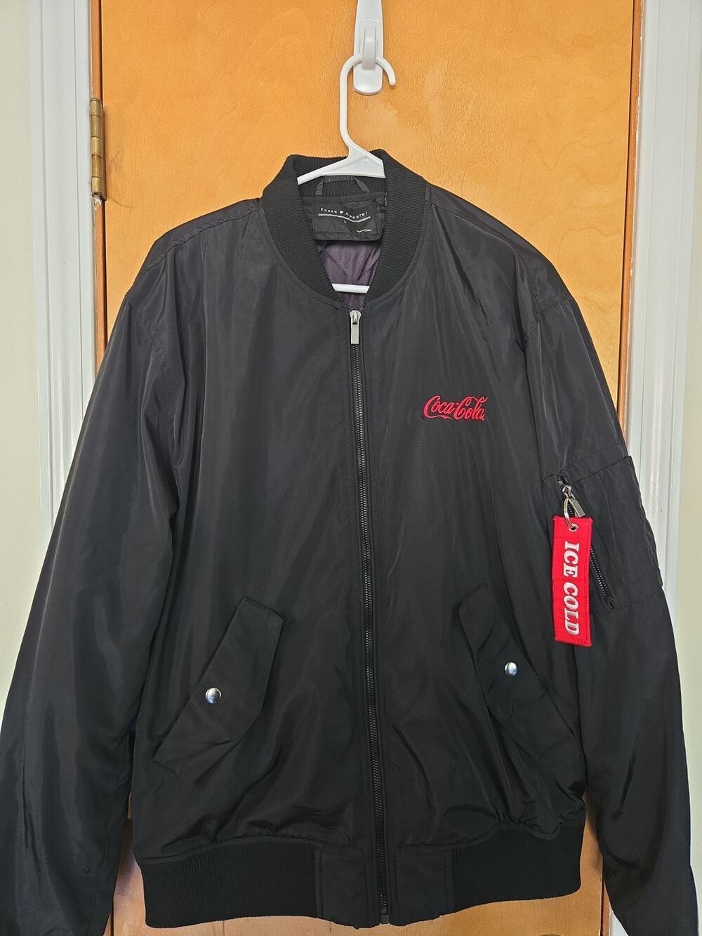 Coca Cola Coke Jacket Men's Large Bomber Black Full Zip Elastic Embroidered